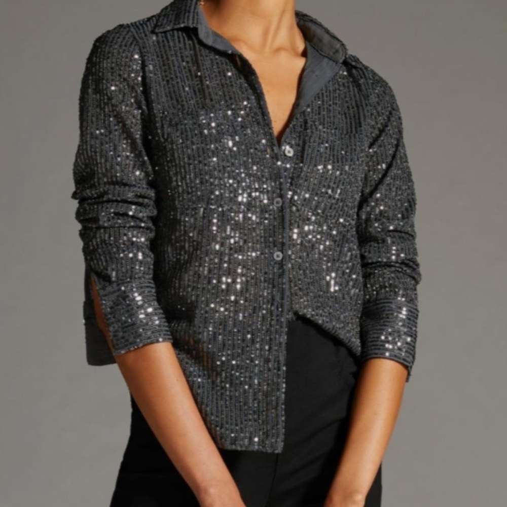 By Anthropologie Collared Sequin Long Sleeve Buttondown Slate Gray Small